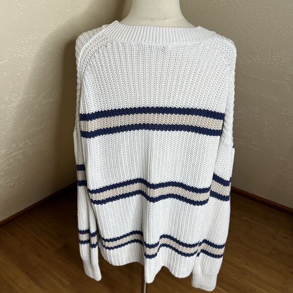 360 Cashmere Sweater Womens L White Navy Beige Stripe V Neck Drop Shoulder Knit - Picture 10 of 10